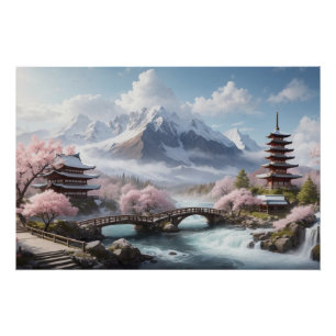 Póster Pintura de Sakura con Pagoda y Río