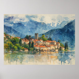 Póster Pintura de salpicaduras de acuarela del Lago de Co