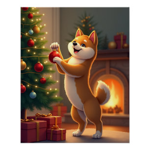 Póster Pintura de Shiba Inu decorando el árbol de Navidad