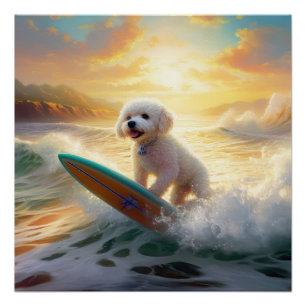 Póster Pintura de surf de Bichon Frise Beach