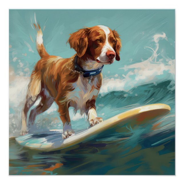 Póster Pintura de surf en la playa con Brittany Spaniel (Anverso)