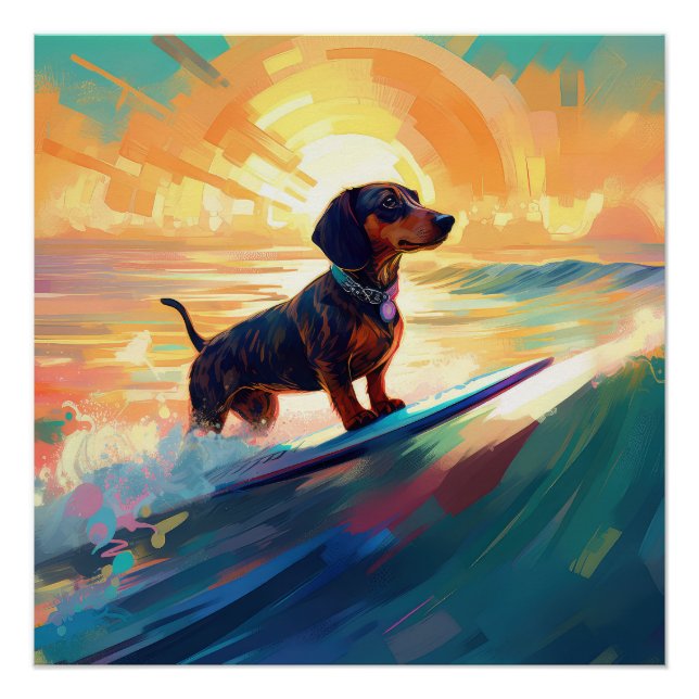 Póster Pintura de surf en la playa de Dachshund (Anverso)