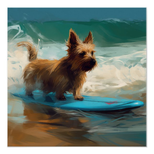 Póster Pintura de Surf en la Playa de Terrier Australiano (Anverso)