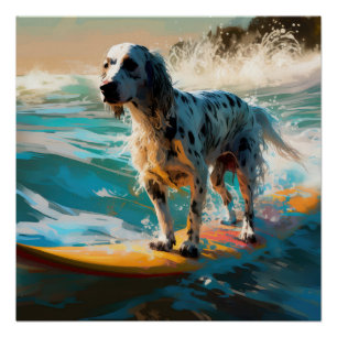 Póster Pintura de surf en la playa del Setter inglés