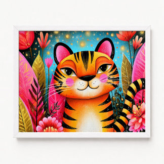 Póster Pintura de tigre naranja con flores rosadas