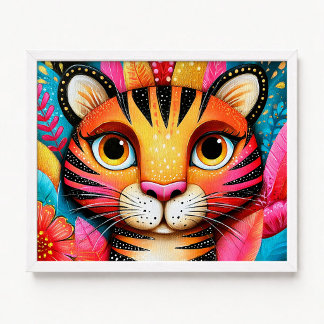 Póster Pintura de tigre naranja floral rosa de cerca