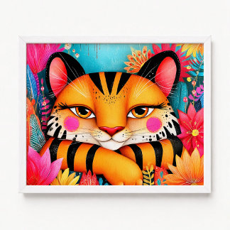 Póster Pintura de tigre naranja floral rosa sonriente