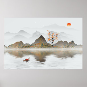 Póster Pintura de tinta china sobre el paisaje natural