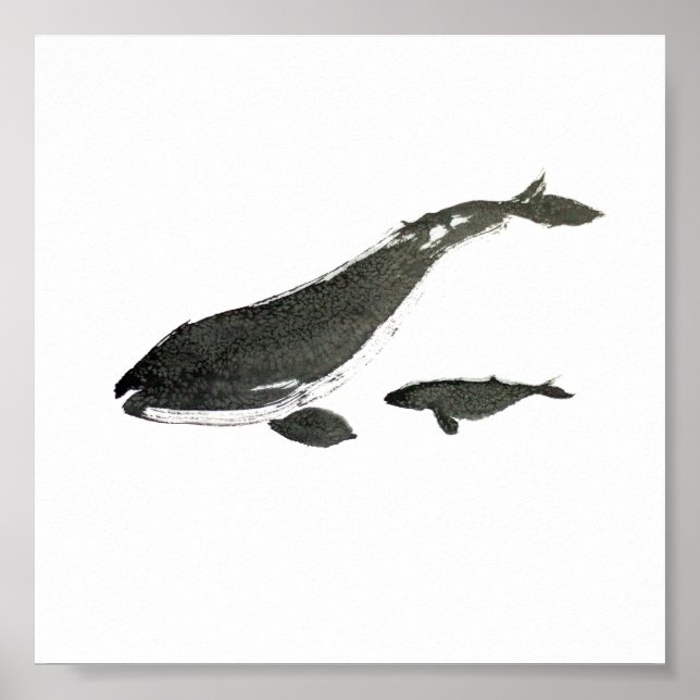 Póster Pintura de tinta de mamás de ballena gris y de beb (Frente)