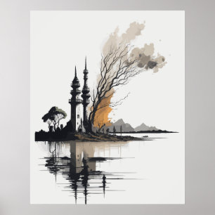 Póster Pintura de tinta de paisajes antiguos en blanco y 