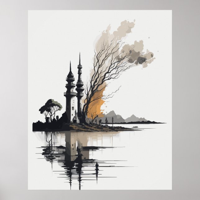 Póster Pintura de tinta de paisajes antiguos en blanco y  (Frente)
