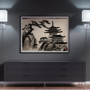 Póster Pintura de tinta de paisajes japoneses