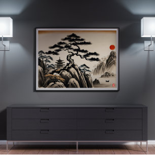 Póster Pintura de tinta de paisajes japoneses