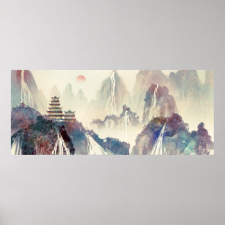 Póster Pintura de tinta del templo de la montaña forestal