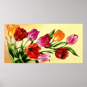 Póster Pintura de tulipanes del Naranja amarillo rojo