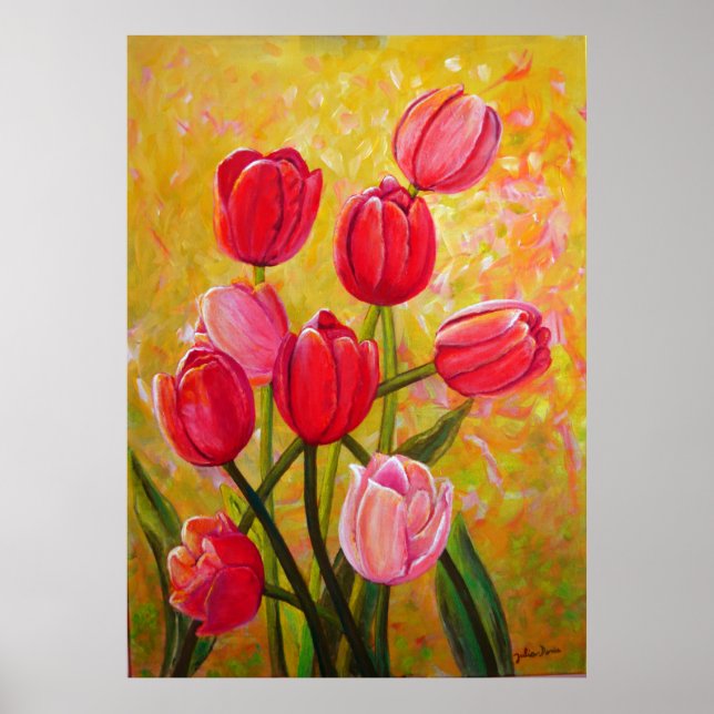Póster Pintura de tulipanes rosados y rojos (Frente)