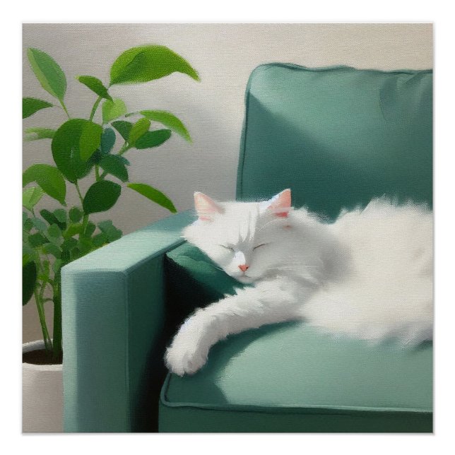 Póster Pintura de un gato durmiendo en un sofá verde (Anverso)