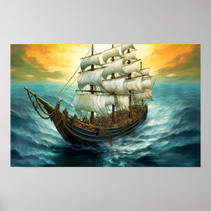 Póster Pintura de un gran barco de vela en un mar azul