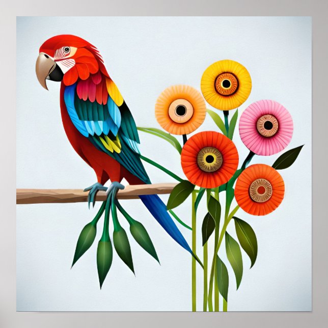 Póster Pintura de un loro entre el arcoiris de las flores (Frente)