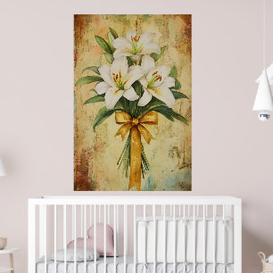 Póster Pintura de un ramo de lirios blancos con una cinta