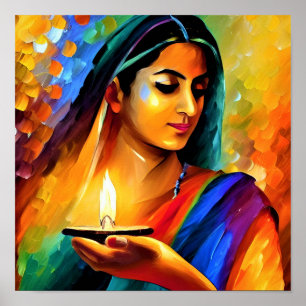Póster Pintura de una hermosa mujer india con lámpara