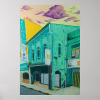 Pintura de una vieja tienda verde