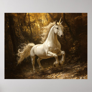 Póster Pintura de unicornio corriendo por el bosque