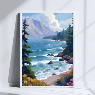 Póster Pintura de viaje en acuarela del oleaje del lago T