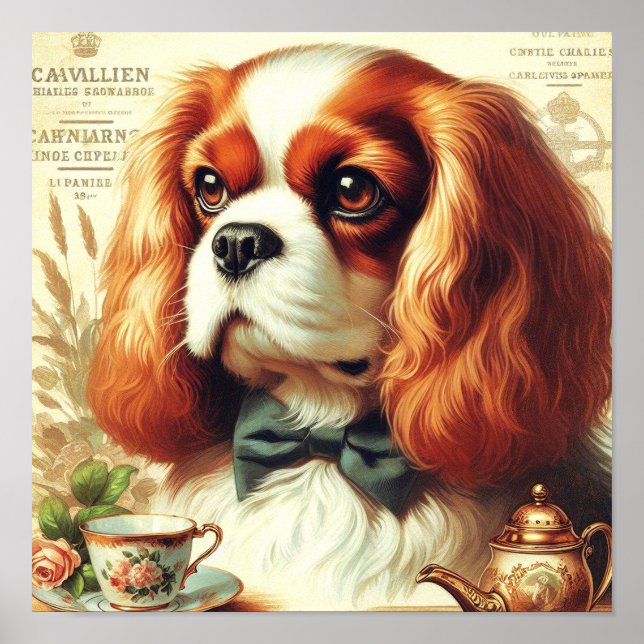 Póster Pintura de Vintage Cavalier King Charles Spaniel (Frente)