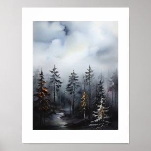 Póster Pintura de vista de árboles del bosque brumoso