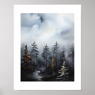 Póster Pintura de vista de árboles del bosque brumoso