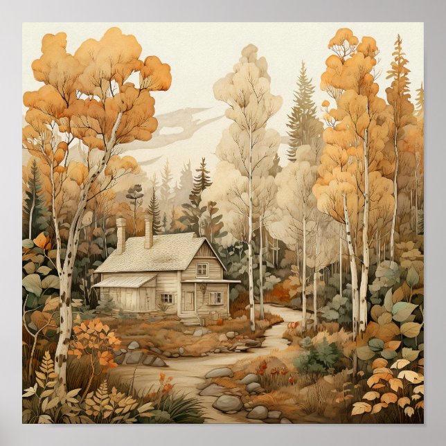 Póster Pintura de Woodland Art Cosy Cabin Woods (Frente)