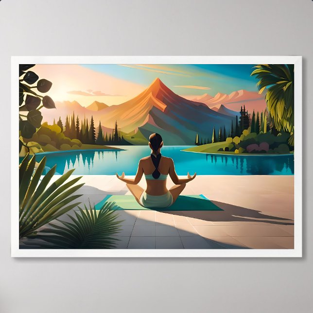 Póster Pintura de yoga: Meditación serena por lago de mon (yoga painting meditation mountain lake peaceful)