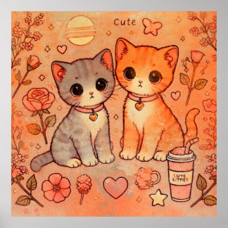 Póster Pintura decorativa estética de pareja de gatos ado
