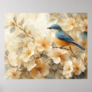 Póster Pintura del árbol florecido del pájaro azul