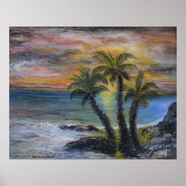Póster Pintura del atardecer de la palmera (Frente)