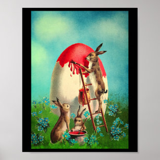 Póster Pintura del conejo de Pascua retro vintage cesta d