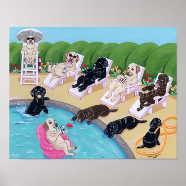 Póster Pintura del Fiesta de billar Labradors (Frente)