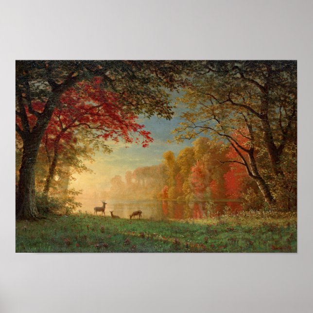 Póster Pintura del lago Bierstadt Sunset Deer (Frente)