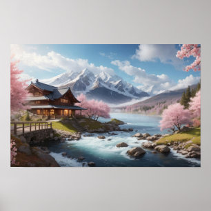 Póster Pintura del maravilloso Sakura Japonés con río
