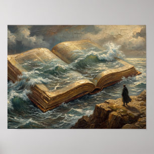 Póster Pintura del Océano de Libro Abierto Surrealista