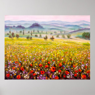 Póster Pintura del paisaje de cipreses toscanos italianos