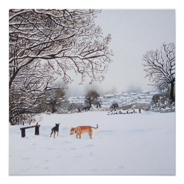 Póster pintura del paisaje de la nieve con perros (Anverso)