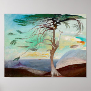 Póster Pintura del paisaje del cedro solitario