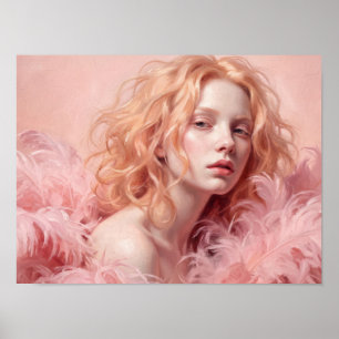 Póster Pintura del retrato de la chica de la pluma rosa