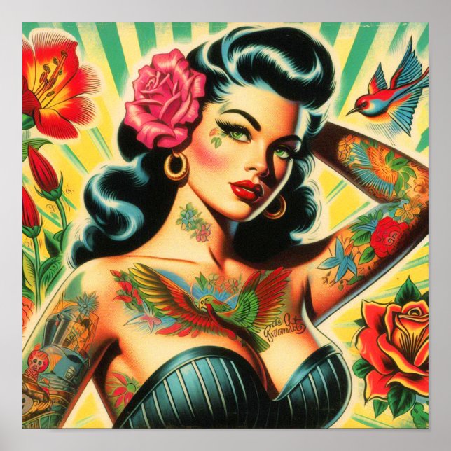Póster Pintura del tatuaje de la vieja escuela retro (Frente)