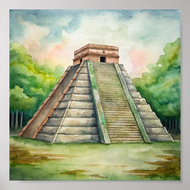 Póster Pintura del templo maya Chichén Itza en México (Frente)
