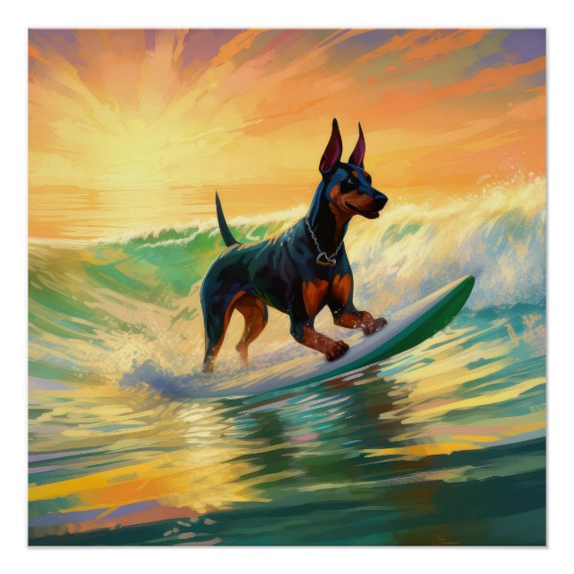 Póster Pintura Doberman Beach Surfing (Anverso)