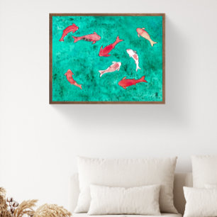 Póster Pintura en Acuarela de 8 Peces Koi a Mano