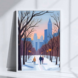Póster Pintura en Acuarela de Boston Common en Invierno
